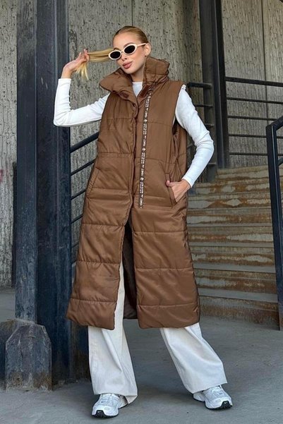 Şeker Portakalım Brown Stand Collar Stripe Detailed Long Inflatable Vest with...