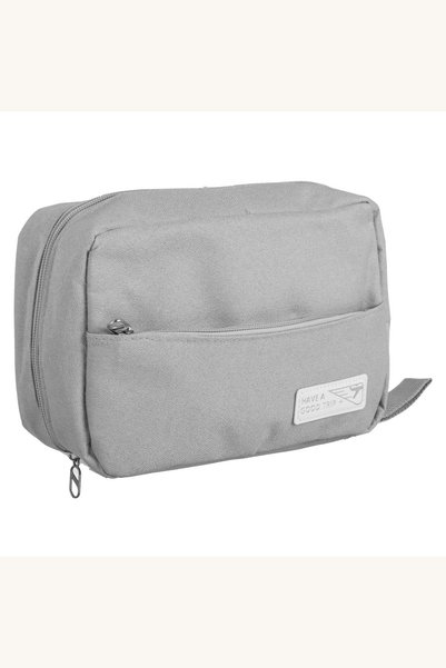 Comerivo Geanta cosmetice gri cu maner, 3 compartimente si fermoare, 28x15x10cm