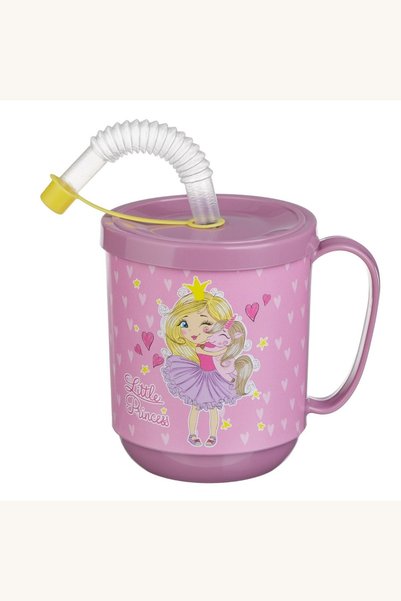 Comerivo Pahar roz cu pai si maner pentru fetite, design Mica Printesa Unicor...