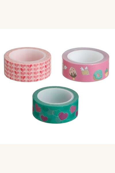 Comerivo Set 3 benzi washi decorative roz si verde cu inimi si dulciuri, 5m f...