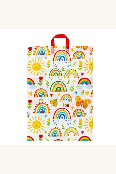 Comerivo Pungă cadou din plastic albă, cu model curcubeu, flori și inimioare,...