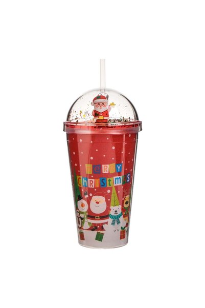 OEM Pahar din Plastic Rosu de Craciun cu Capac Pai & Confetti 3D Santa 450ml
