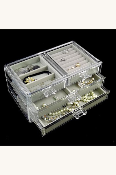 Comerivo Suport bijuterii acrilic transparent 24x13.5x13cm cu 4 sertare gri v...