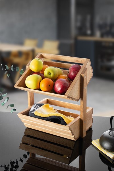 KMARKA Ela Wood Working Natural Wood Decorative 2 Tier Countertop Fruit Holde...