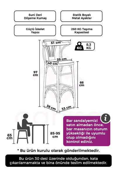 Canisa Wabex Serisi 1 Adet 66 Cm Haki Suni Deri Kumaş Siyah Metal İskeletli Mutfak Bar Sandalyesi