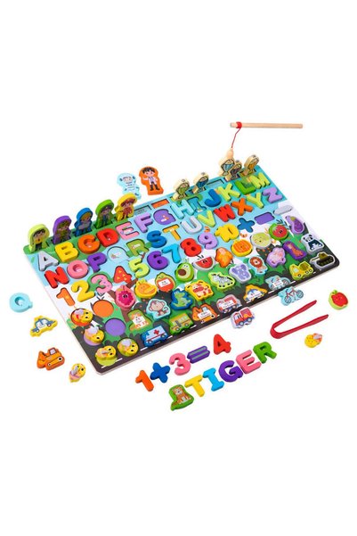 sallma Joc 7 in 1 din lemn, Montessori logaritmic, litere, cifre, forme, anim...