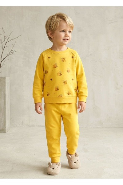 Ozmoz By Mukadder Özden Organik Arı Baskılı Sarı Minik Erkek Çocuk Pijama Takımı