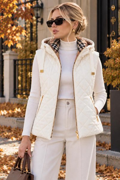TUBACOBAN New Season Women's Quilted Embroidered Plaid Lined Fiber Hooded Vest