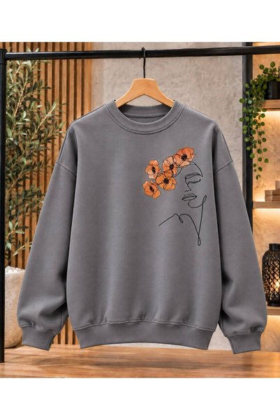 caddekombin Women's Minimal Drawing/Floral Detailed Oversize Sweatshirt - Cre...