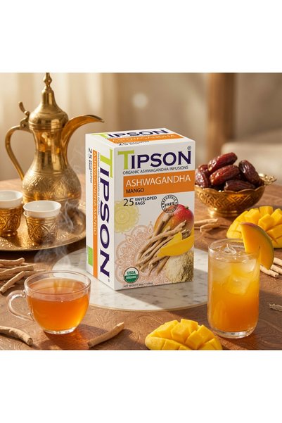 Tipson تيبسون شاي أشواغاندا بالمانجو 25 كيس مغلف منفرد شاي أعشاب معتمد USDA و...