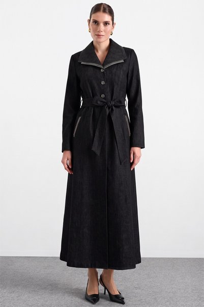 Olcay Soft Touch Large Size Overcoat with Handkerchief Collar Embroidery Deta...