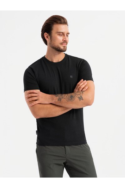 OMBRE Tricou SLIM FIT pentru bărbați cu decolteu rotund și logo - bleumarin V...