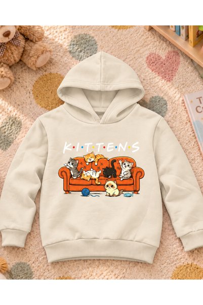 Toum Kitten's Cat's Printed Hooded Unisex Kids Sweatshirt