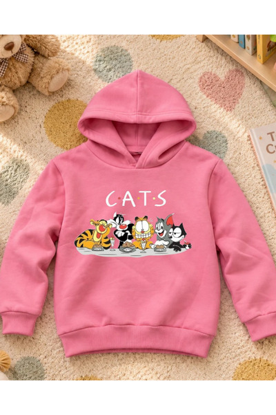 Toum Cat's Cartoon Printed Hooded Unisex Kids Sweatshirt