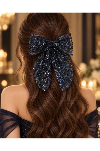 WOWMOM Navy Blue Glittery Large Bow Hair Clip – Sparkling Tulle Lace Evening ...