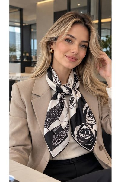 BALIENTE وشاح نسائي قطني منقوش باللون الأسود مقاس 70x70 سم