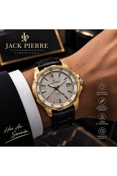 JACK PIERRE ساعة يد كلاسيكية ذهبية بحزام أسود