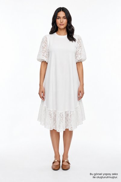 Allyco Crew Neck Embroidered Balloon Sleeve Midi Dress