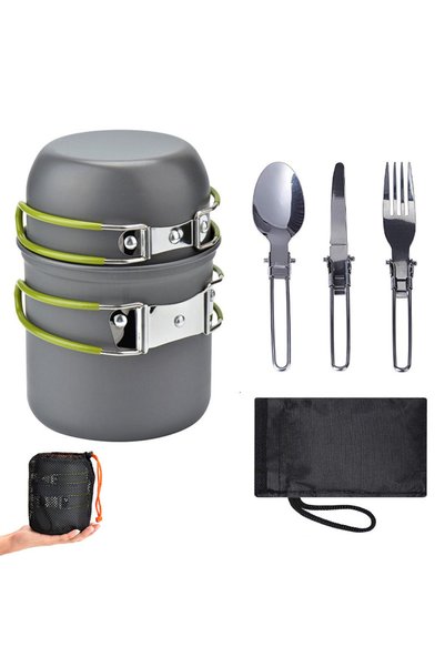 Noonedibs Set de tacâmuri pentru camping pentru 1-2 persoane, set de oale și ...