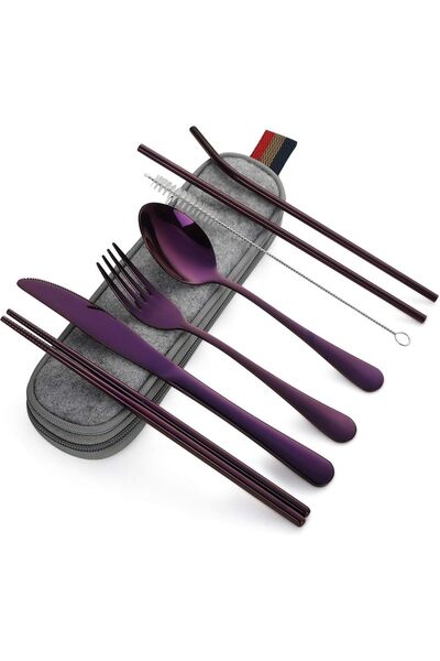 Noonedibs Ustensile portabile, Set de tacâmuri de călătorie și camping, 8 pie...