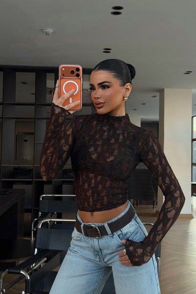 Eyyo Acı Kahve Raquel Dantel Transparan Bluz