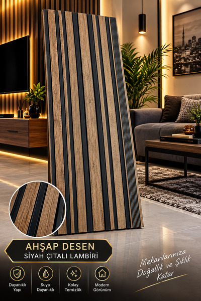 Genel Markalar Ahşap Desen Siyah Çitalı Modern Lambri Duvar Dekoru