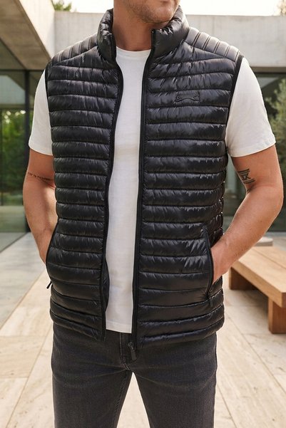 Slazenger 1249 Men's Tekno Inflatable Vest with Stand Collar and Zipper, Black