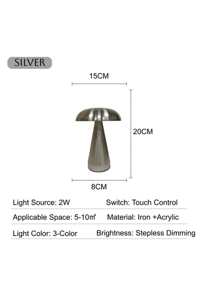 Choice مصباح طاولة LED فضي بتصميم فطر عتيق مع منفذ USB من نوع C، تحكم باللمس،...