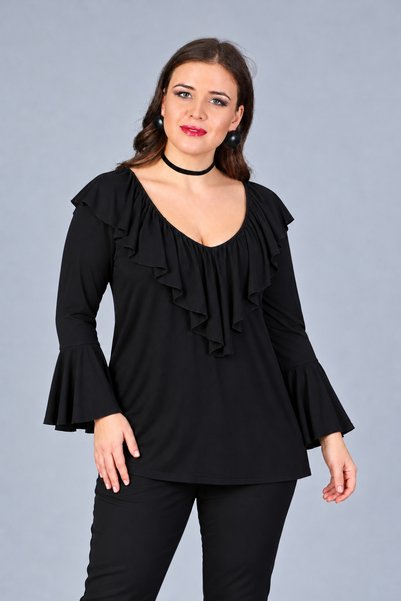 Curvy Trend Büyük Beden V Yaka Volan Detaylı Viskon Bluz