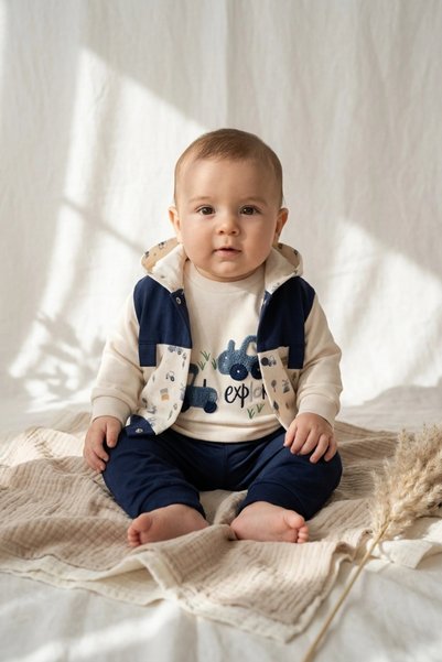 ANP MODA TASARIM Baby Boy Navy Blue Cream Tractor Embroidered 100% Cotton Hoo...
