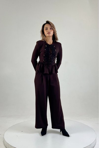Dipmoda Set de pantaloni și jachetă maro pentru femei, cu broderie în față, d...