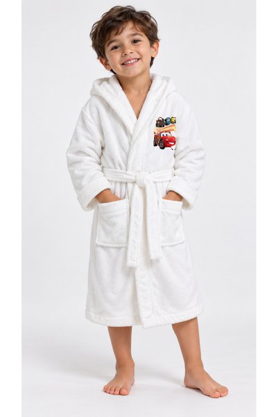 İQON Hoodless Children's Bathrobe 100% Cotton – White Car (Age 5)