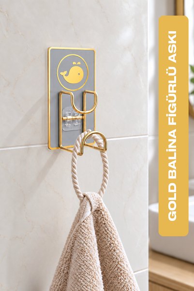 BEYZANA Gold Balina Figürlü Yapışkanlı Havlu Askısı Çok Amaçlı Askılık