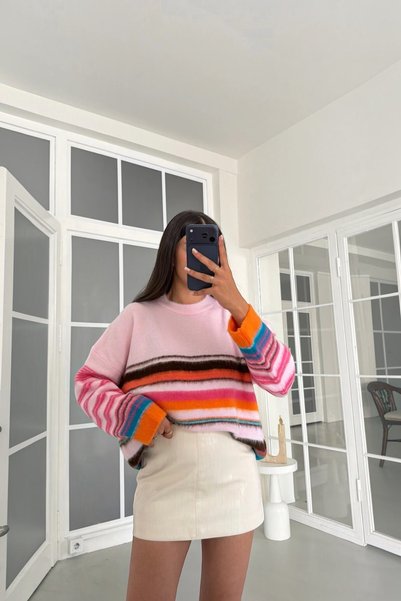 MODAMERSİ Kadın Pembe Çizgili Oversize Yün Kazak