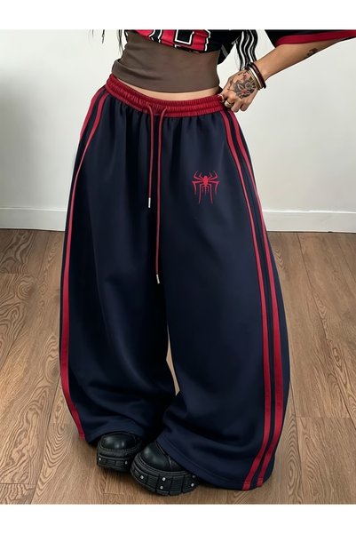 Toum Navy Blue Red Striped High Grunge Printed Oversized Sweatpants