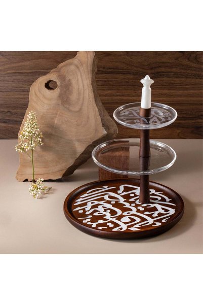 Otantik Home 3-tier porcelain stand by Sidra - coffee wood + golden edge