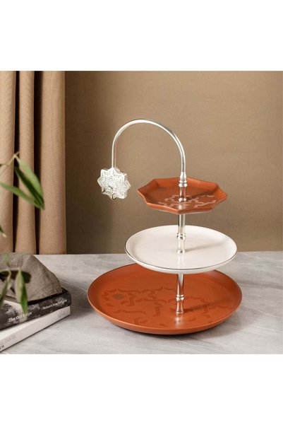 Otantik Home Porcelain 3-tier stand from Oktara – Matte Red Brown + Silver