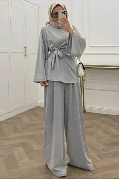 Dipmoda Women's Gray High-Necked Waist-Tied Double Hijab Set Dpnms109