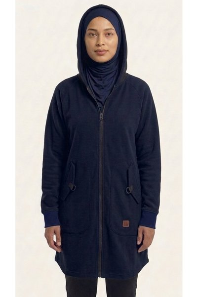 Plistre 2302_Kadın Tesettür 3 iplik Yumuşacık Şardonlu Fermuarlı Kap – Su Geçirmez Kapüşonlu. Gece Mavisi Uzun Sweat