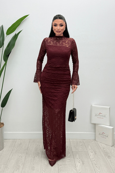 giyimmasalı Rochie din țesătură de dantelă cu detalii de șnur - BORDO