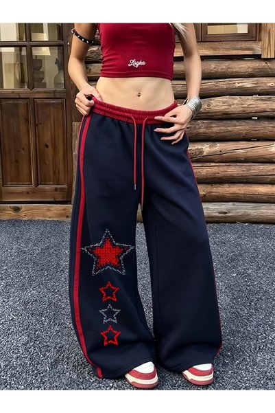 Toum Navy Blue Red Striped High Grunge Printed Oversized Sweatpants