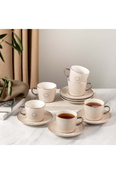 Otantik Home 12-piece porcelain tea cup set from Otantik – Beige + Silver