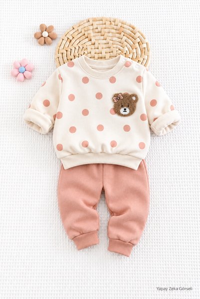 Mou&Kou Baby Girl Teddy Bear Embroidered Polka Dot 2-Piece Set 100% Cotton Co...