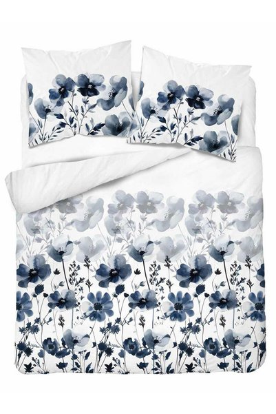 Detexpol Set lenjerie de pat satinata, Detexpol, 5776 A, alb cu flori albastr...