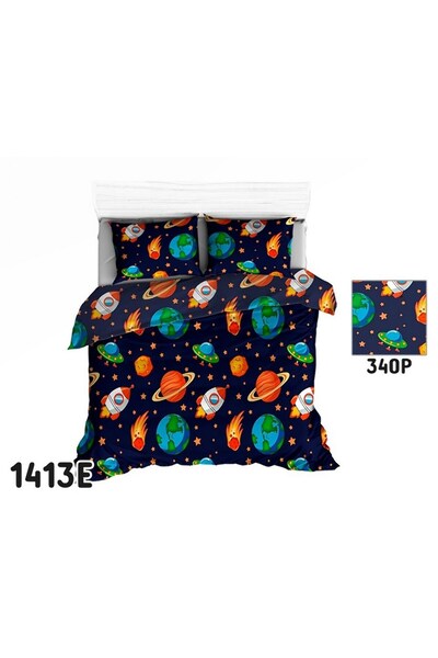 Karo Set lenjerie de pat, 1413E, bumbac, bleumarin, 180x200 cm, model cosmos,...