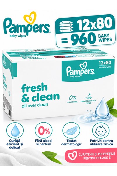 Pampers Șervețele umede Fresh & Clean, bax economic 12 x 80 bucăți, 960 șerve...