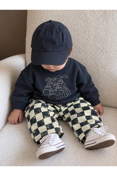 Minizade Navy Blue Embroidered Sweatshirt and Plaid Trousers Baby Set 2-Piece...