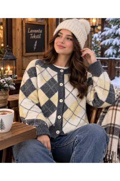 Lavanta Tekstil Baklava Patterned Soft Wool Knitwear Cardigan