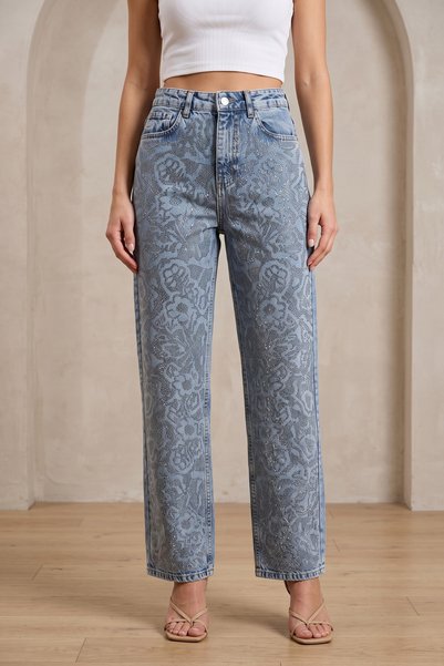 Miloja Çiçek Desenli Taş İşlemeli Yüksek Straight Fit Jean Pantolon