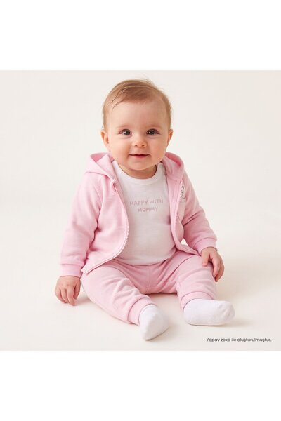 Bebetto Kız Bebek Sweatshirt-Hırka-Alt Happy with Mommy Hayvan Baskılı Bisikl...
